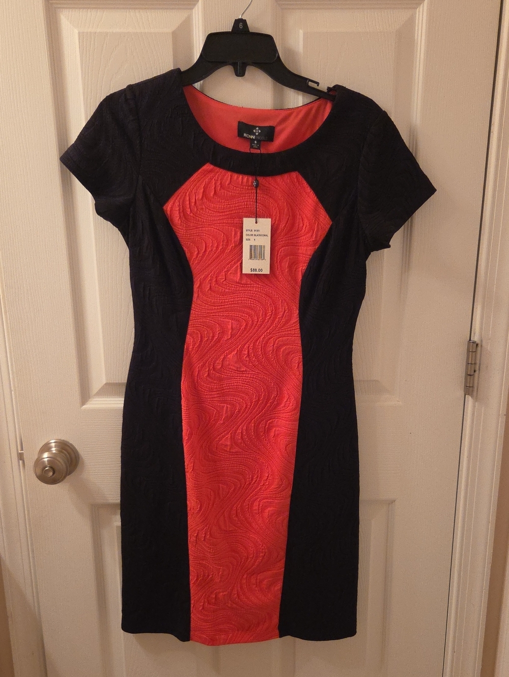 Ronni Nicole Coral and Black Panel Midi Dress